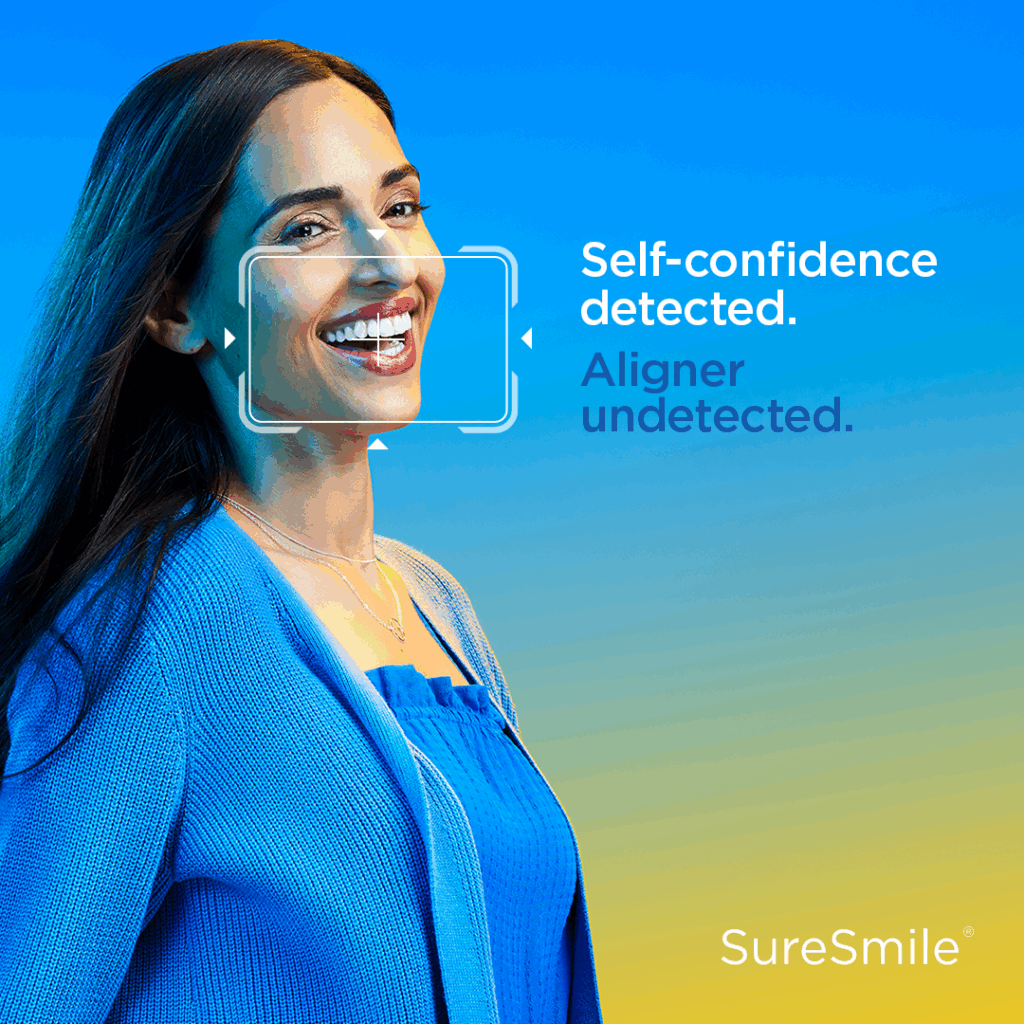 A smiling woman with text 'Aligner undetected,' showcasing SureSmile Clear Aligners available at Renewal Family Dental in Dearborn.