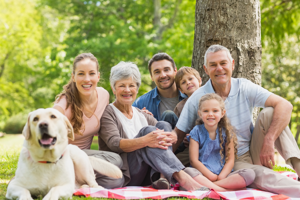 A happy multi-generational family and their dog enjoying a picnic, reflecting the family-friendly care at Renewal Family Dental.